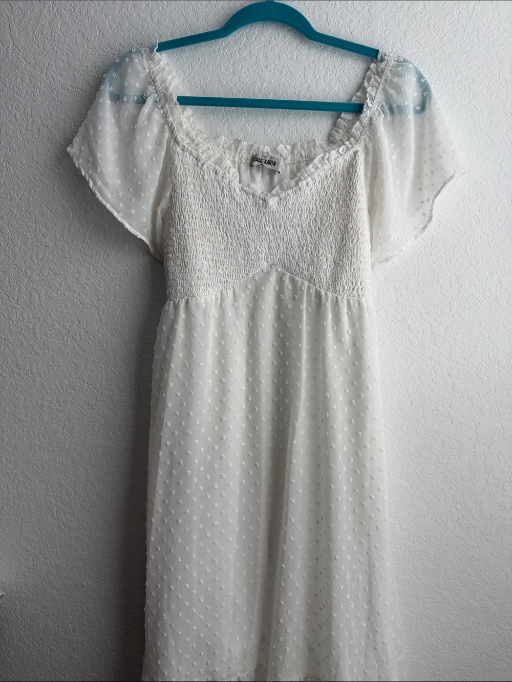 Grace Karin White Swiss Dot Midi Dress with Smocked Bodice
